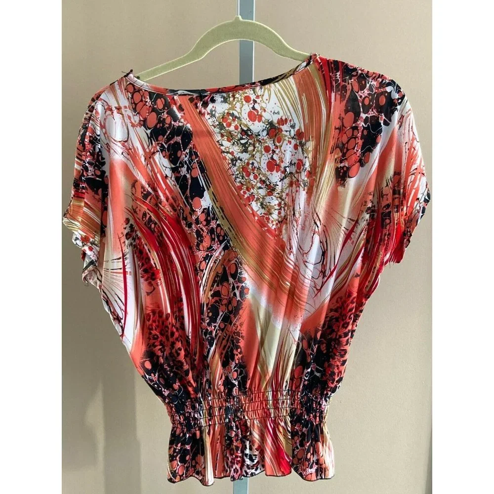 Paris Pink Womens Shirt Medium Pink Black Top V-Neck Spring Summer Work Career - Picture 5 of 8